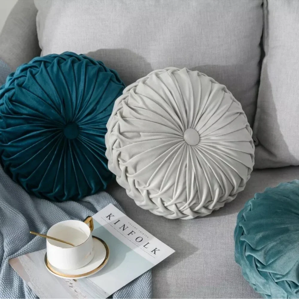 NWT Pleated Velvet Round Throw Pillow Room Couch Decor Solid Cushion Pillow 14” - Picture 1 of 7